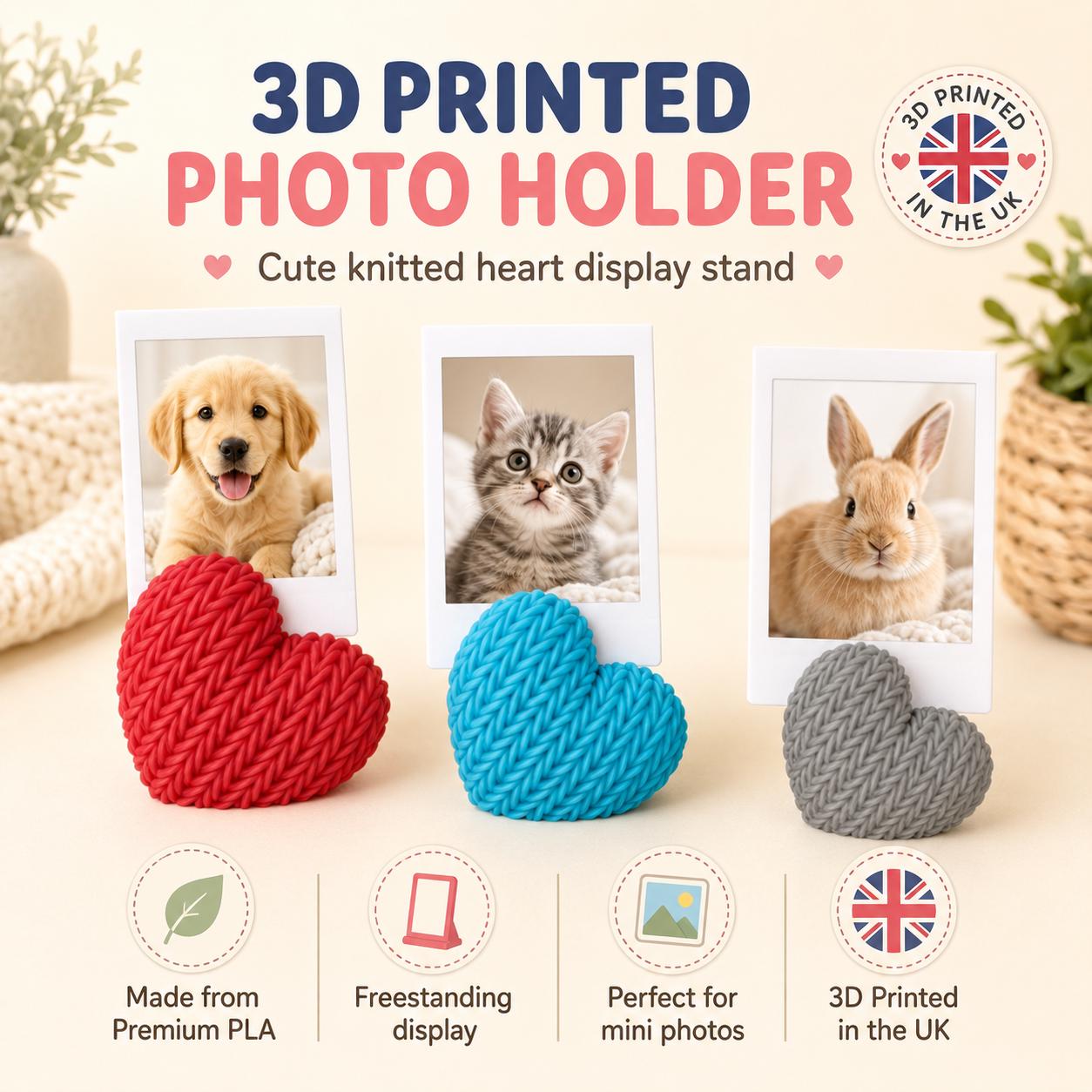 3D Knitted Heart Photo Holder | Mini Picture Stand | Pet Photo Display | Keepsake Gift