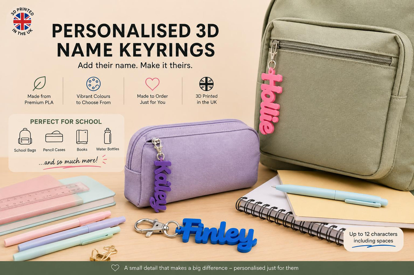 Personalised 3D Name Keyrings - School Bag & Lunchbox Keyring - Back to School