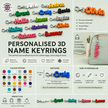 Personalised 3D Name Keyrings - School Bag & Lunchbox Keyring - Back to School