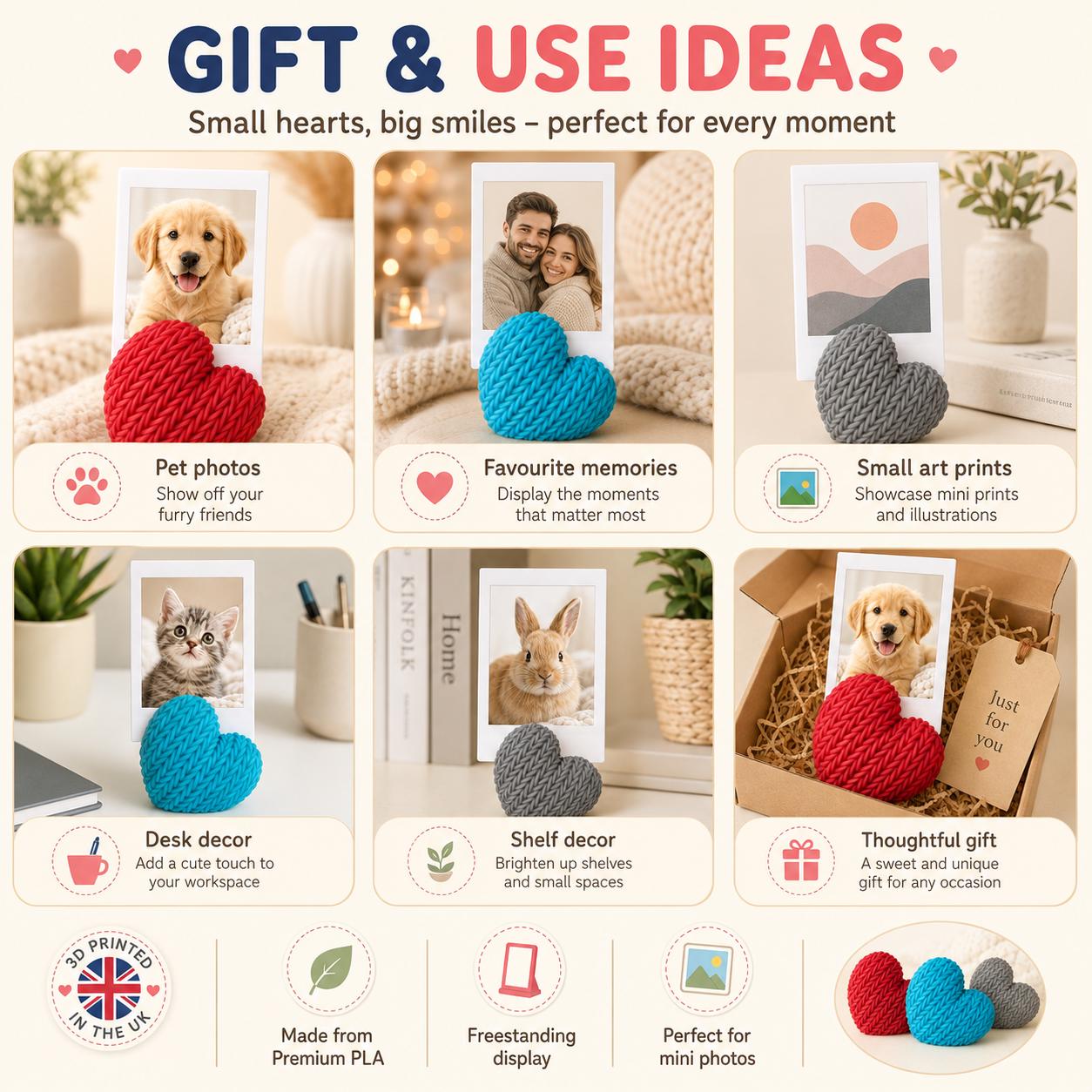 3D Knitted Heart Photo Holder | Mini Picture Stand | Pet Photo Display | Keepsake Gift