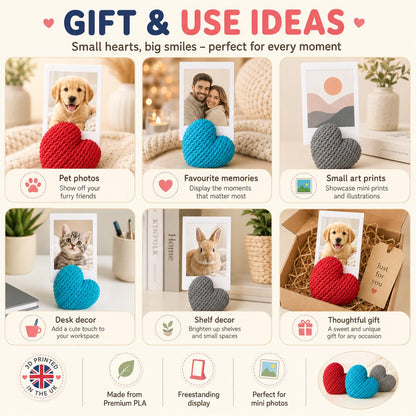 3D Knitted Heart Photo Holder | Mini Picture Stand | Pet Photo Display | Keepsake Gift