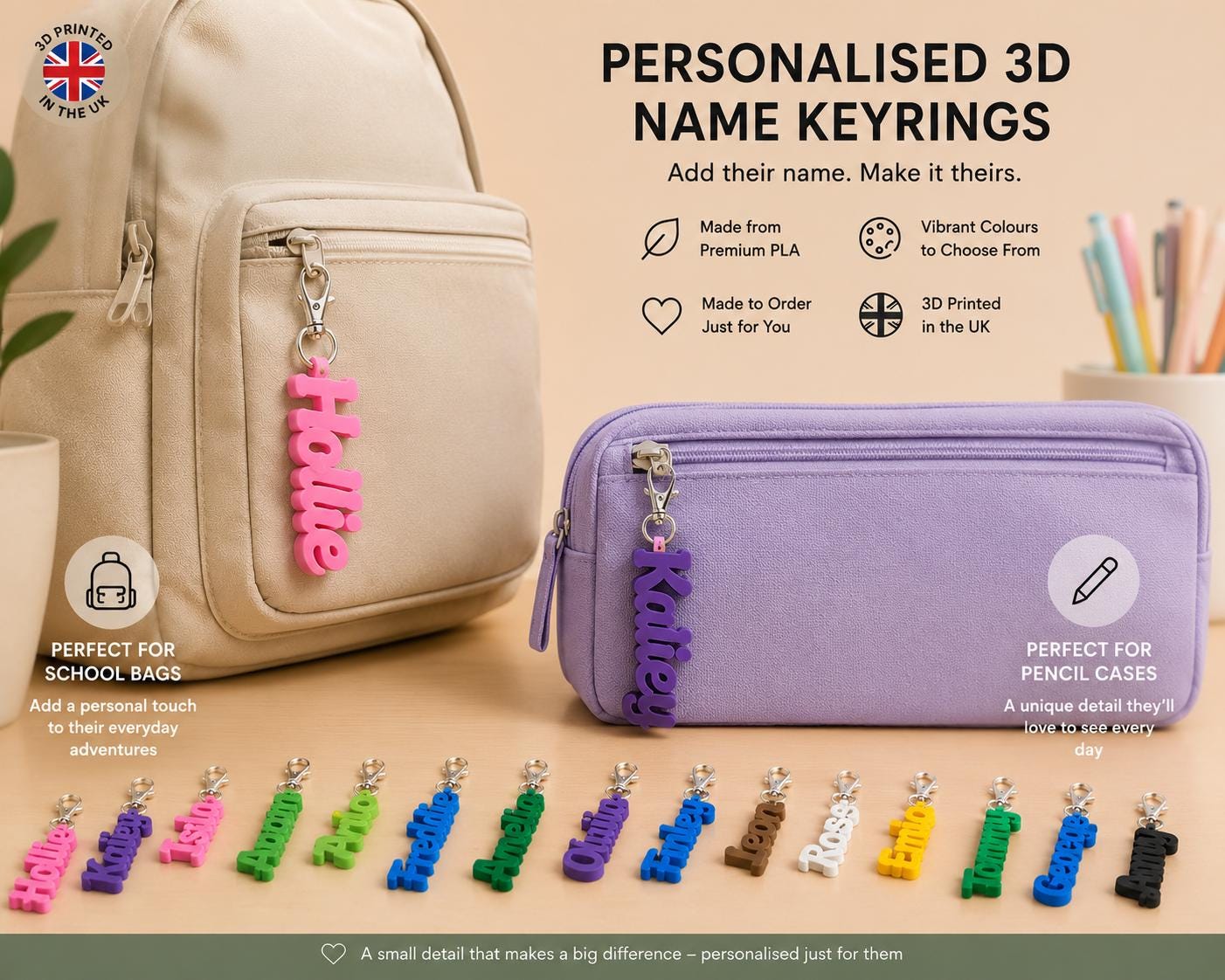 Personalised 3D Name Keyrings - School Bag & Lunchbox Keyring - Back to School