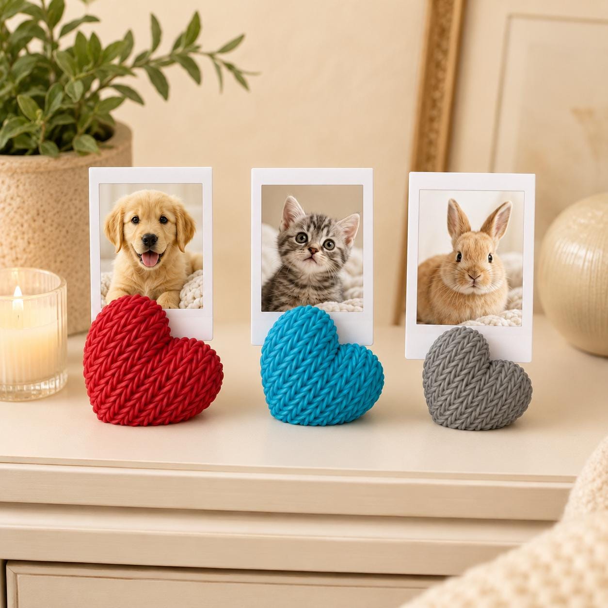 3D Knitted Heart Photo Holder | Mini Picture Stand | Pet Photo Display | Keepsake Gift